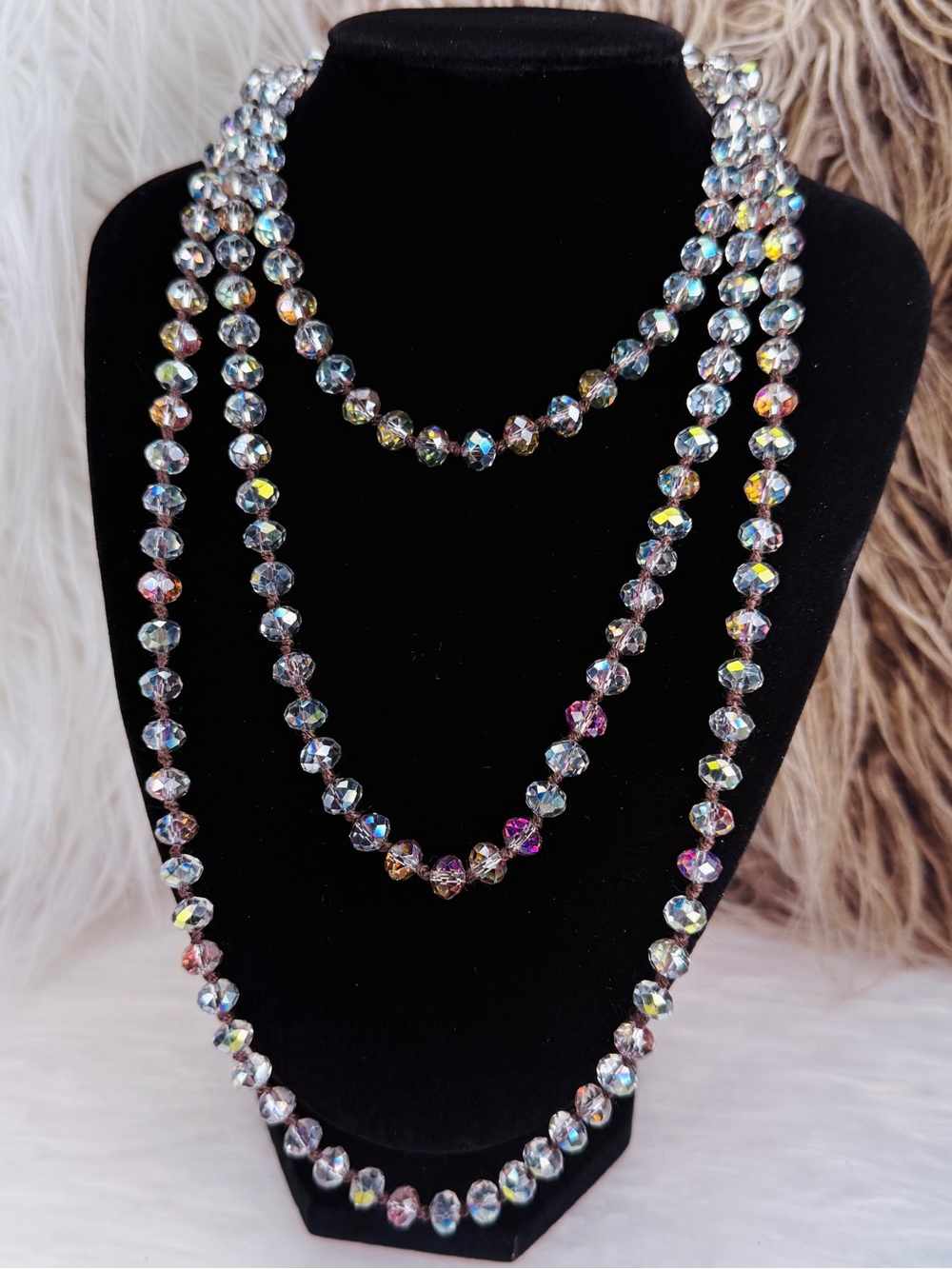 Extra Long Faceted Bead Necklace Iridescent Knotted Layering Boho Jewelry